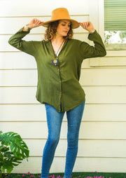 Olive Green Raw Cotton Gauze Collared Long Sleeve Blouse