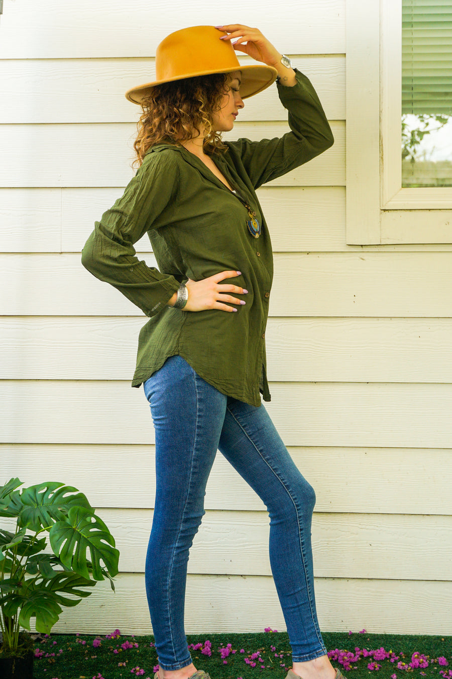 Olive Green Raw Cotton Gauze Collared Long Sleeve Blouse