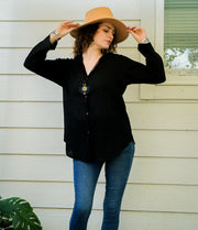 Black Raw Cotton Gauze Collared Long Sleeve Blouse