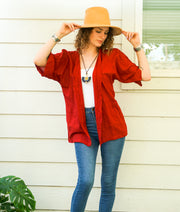 Burgundy Raw Natural Cotton Gauze Cardigan with Pockets