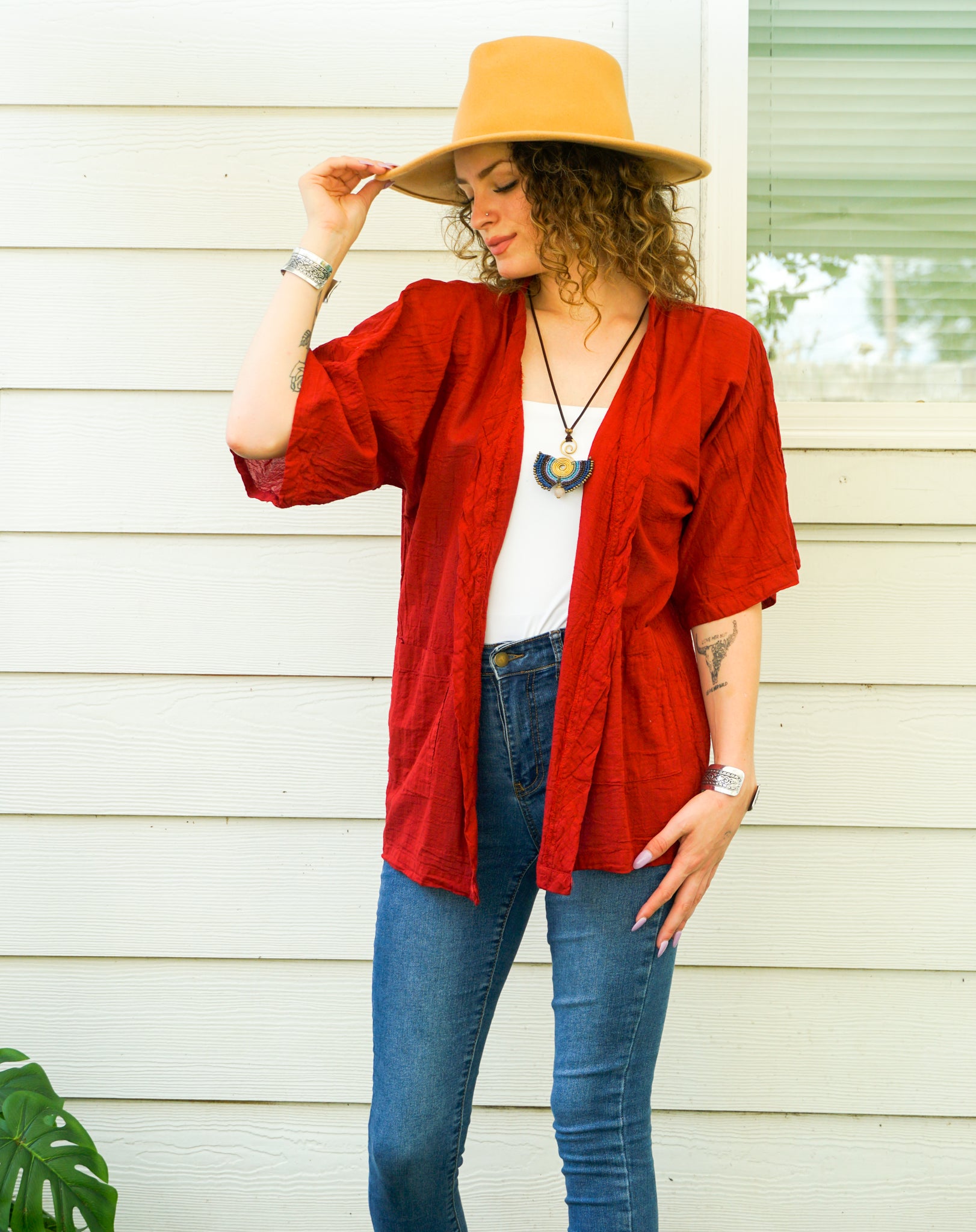 Burgundy Raw Natural Cotton Gauze Cardigan with Pockets