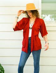 Burgundy Raw Natural Cotton Gauze Cardigan with Pockets