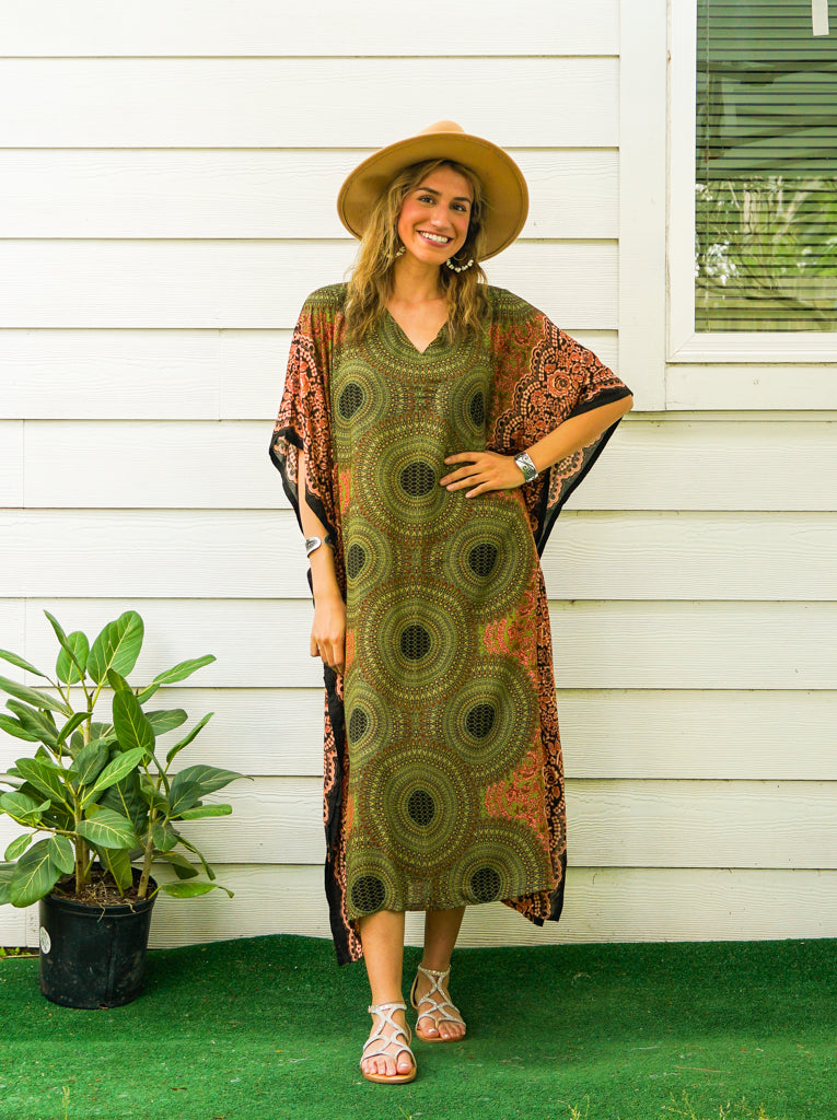 Olive Green Mandala Kimono Kaftan Dress