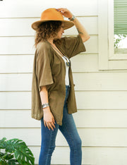 Brown Raw Natural Cotton Gauze Cardigan with Pockets