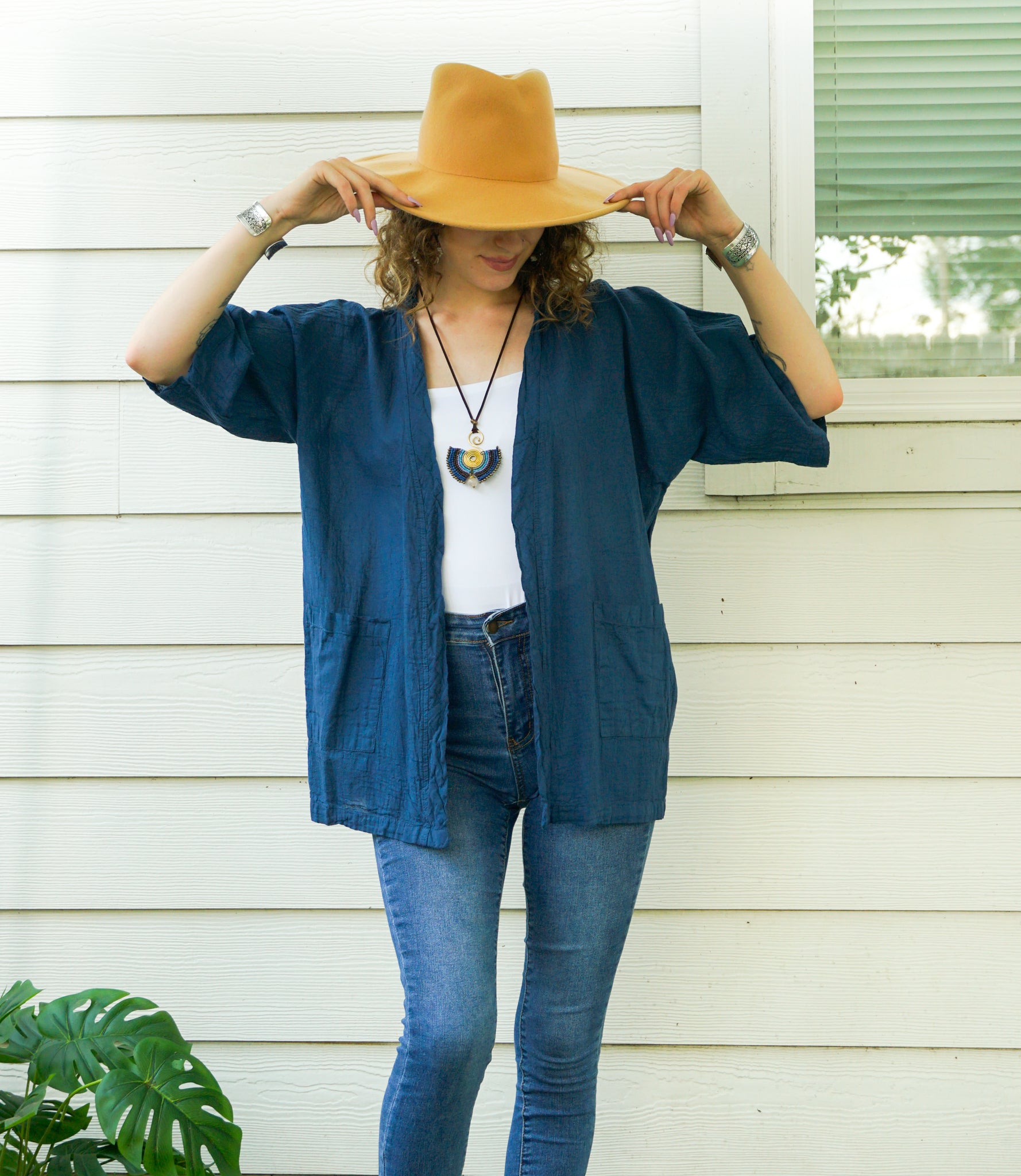 Teal Blue Raw Natural Cotton Gauze Cardigan with Pockets