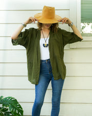 Olive Green Raw Natural Cotton Gauze Cardigan with Pockets