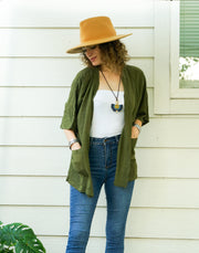 Olive Green Raw Natural Cotton Gauze Cardigan with Pockets