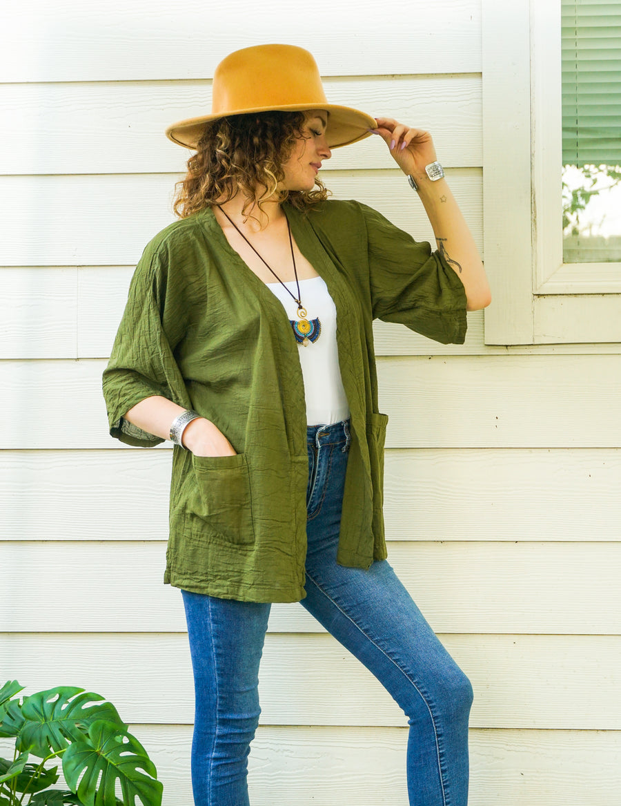 Olive Green Raw Natural Cotton Gauze Cardigan with Pockets