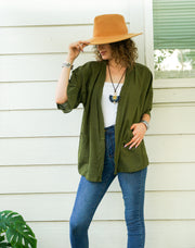 Olive Green Raw Natural Cotton Gauze Cardigan with Pockets