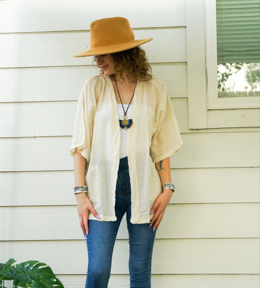 Raw Natural Cotton Gauze Cardigan with Pockets