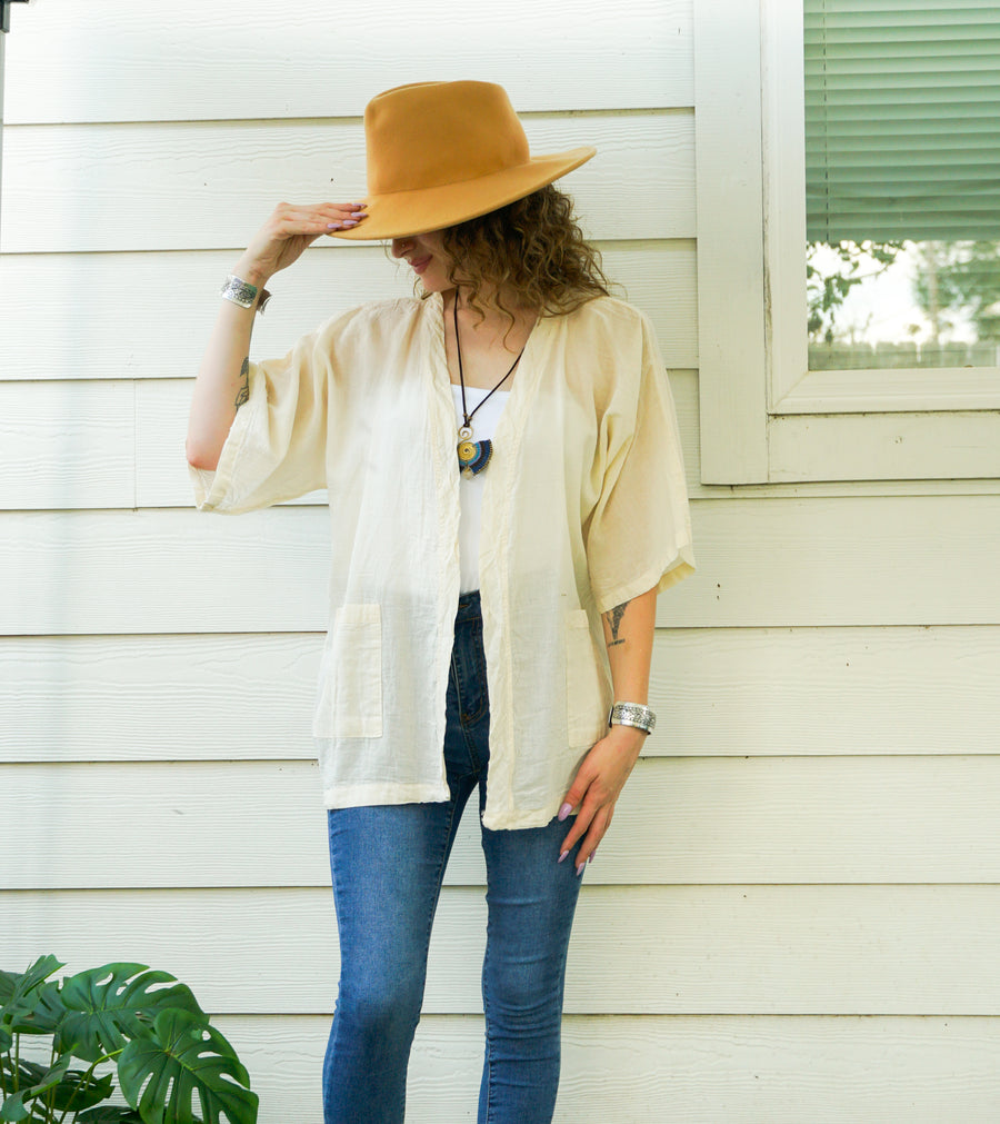 Raw Natural Cotton Gauze Cardigan with Pockets