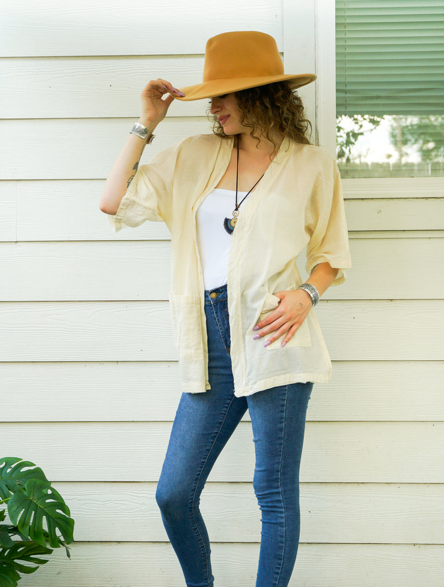 Raw Natural Cotton Gauze Cardigan with Pockets