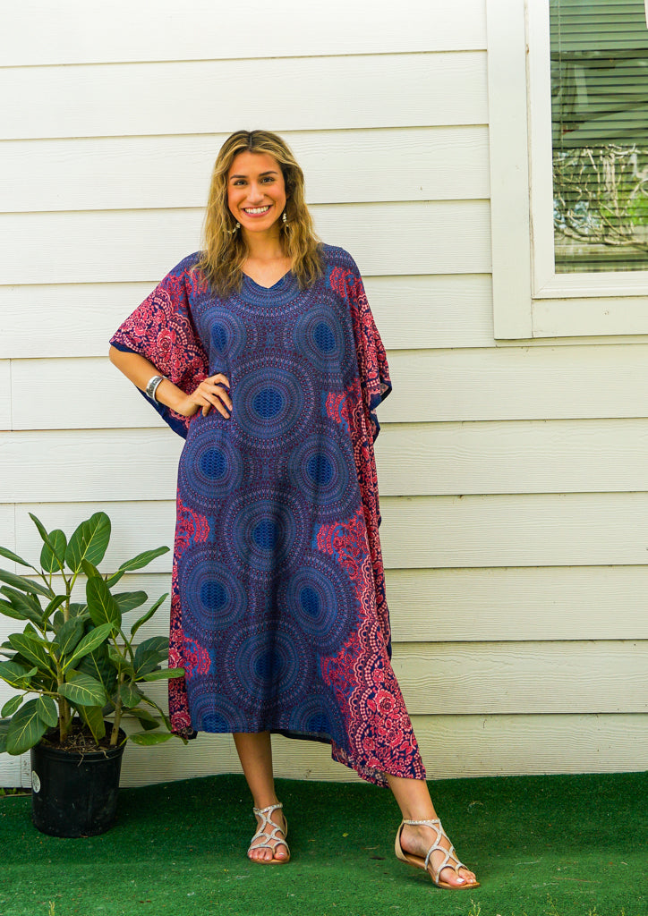 Blue Pink Floral Mandala Boho Kaftan