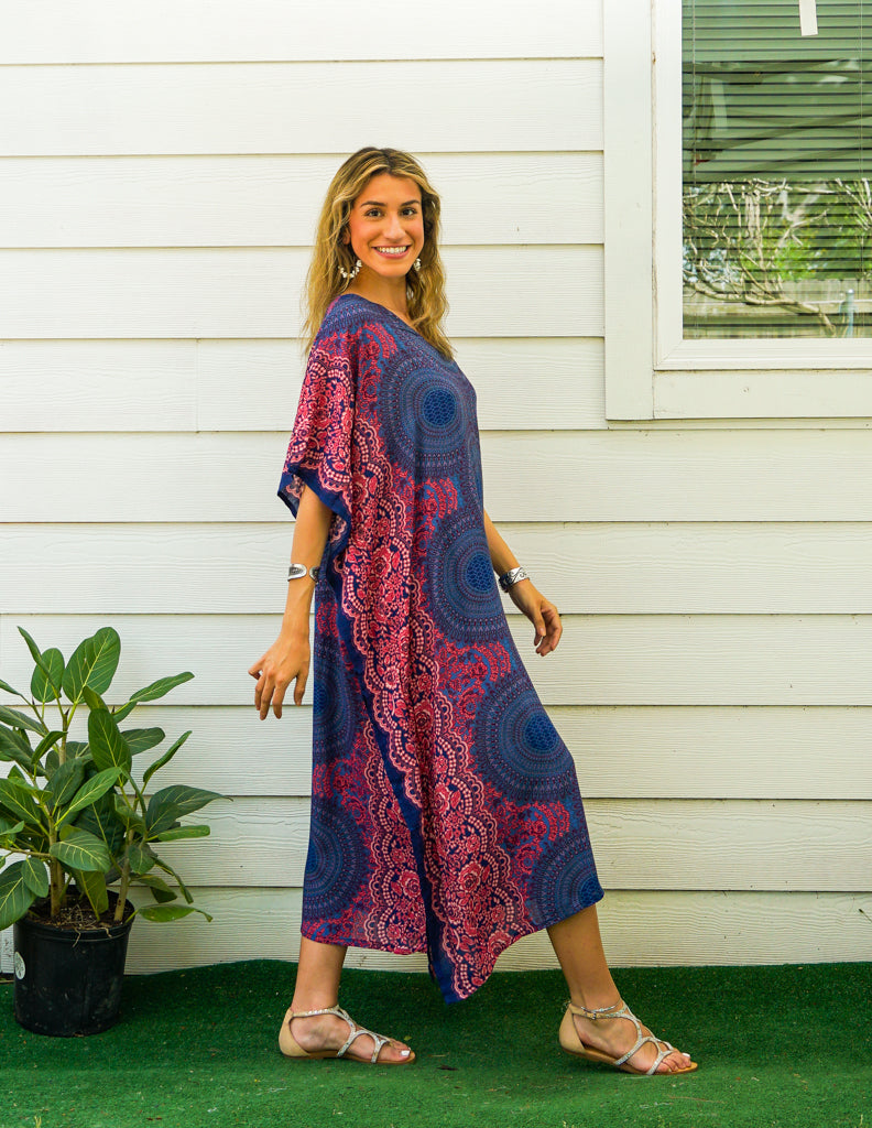 Blue Pink Floral Mandala Boho Kaftan