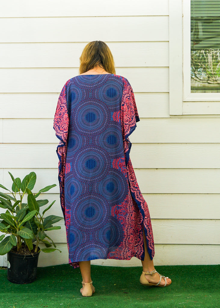 Blue Pink Floral Mandala Boho Kaftan