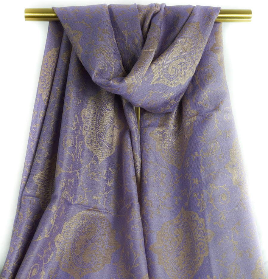 Muted Purple & Gold Paisley Pashmina Scarf Bohemian Shawl