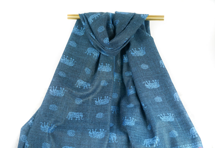 Teal Blue Elephant Pashmina Scarf Bohemian Shawl