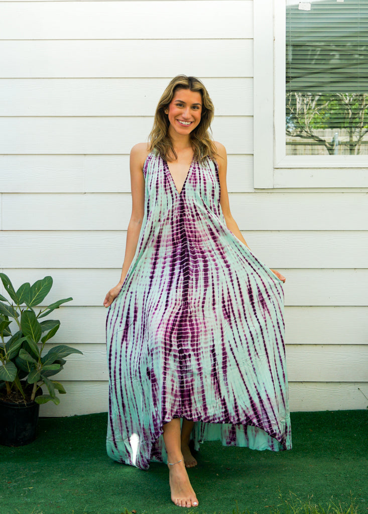 D9750- Shibori Hand Dyed Goddess Boho Maxi Dress