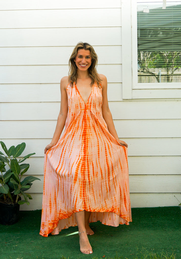 D9757- Shibori Hand Dyed Goddess Boho Maxi Dress