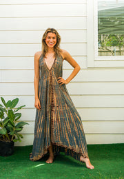 D9838- Shibori Hand Dyed Goddess Boho Maxi Dress