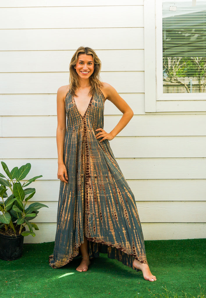 D9838- Shibori Hand Dyed Goddess Boho Maxi Dress