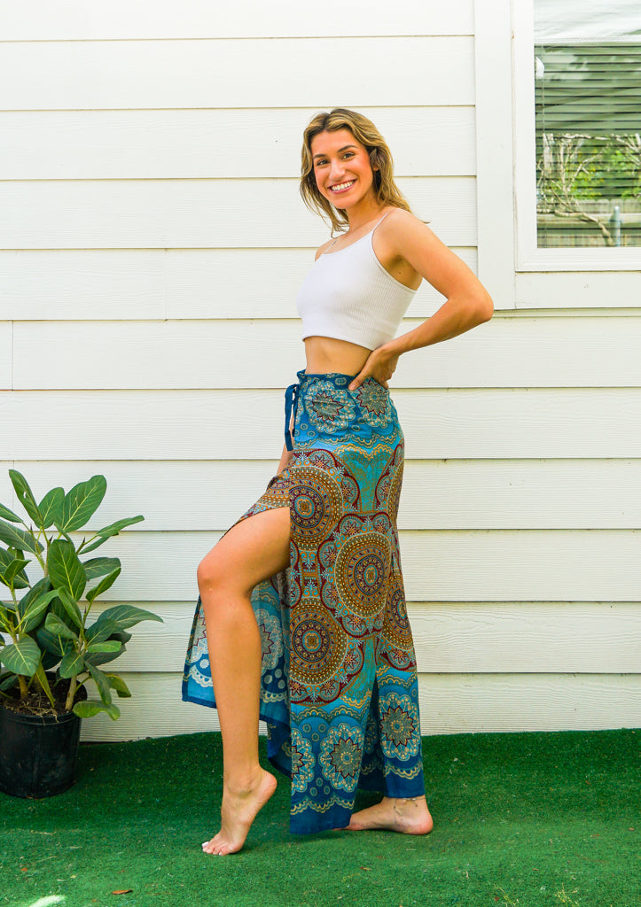 Teal Lotus Floral Mandala Palazzo Wrap Pants