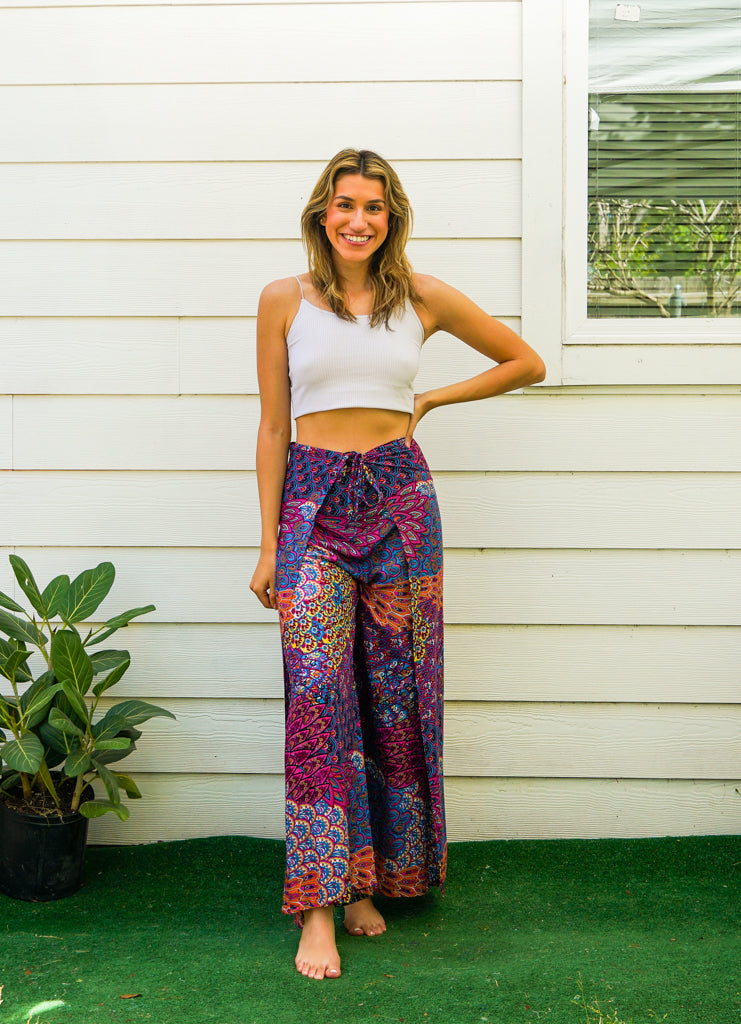 Purple Wild Peacock Palazzo Wrap Pants