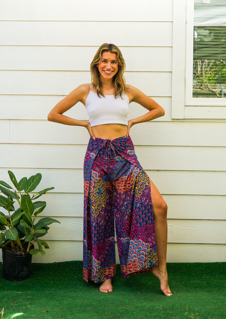 Purple Wild Peacock Palazzo Wrap Pants