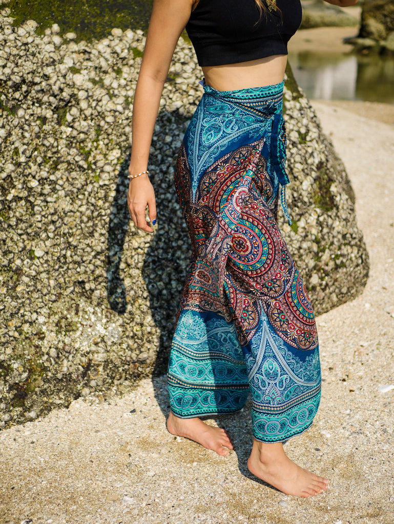 Teal Royal Mandala Palazzo Wrap Pants