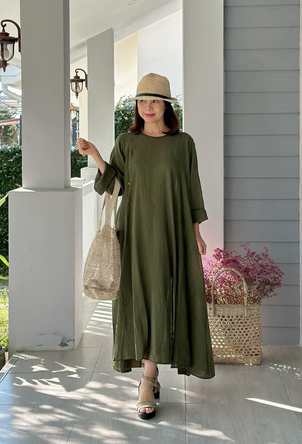 Olive Green Raw Natural Crinkled Cotton Dress