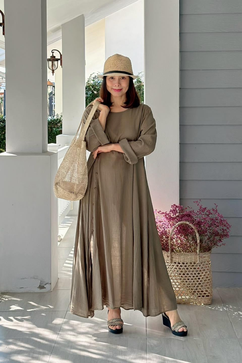 Brown Raw Natural Crinkled Cotton Dress