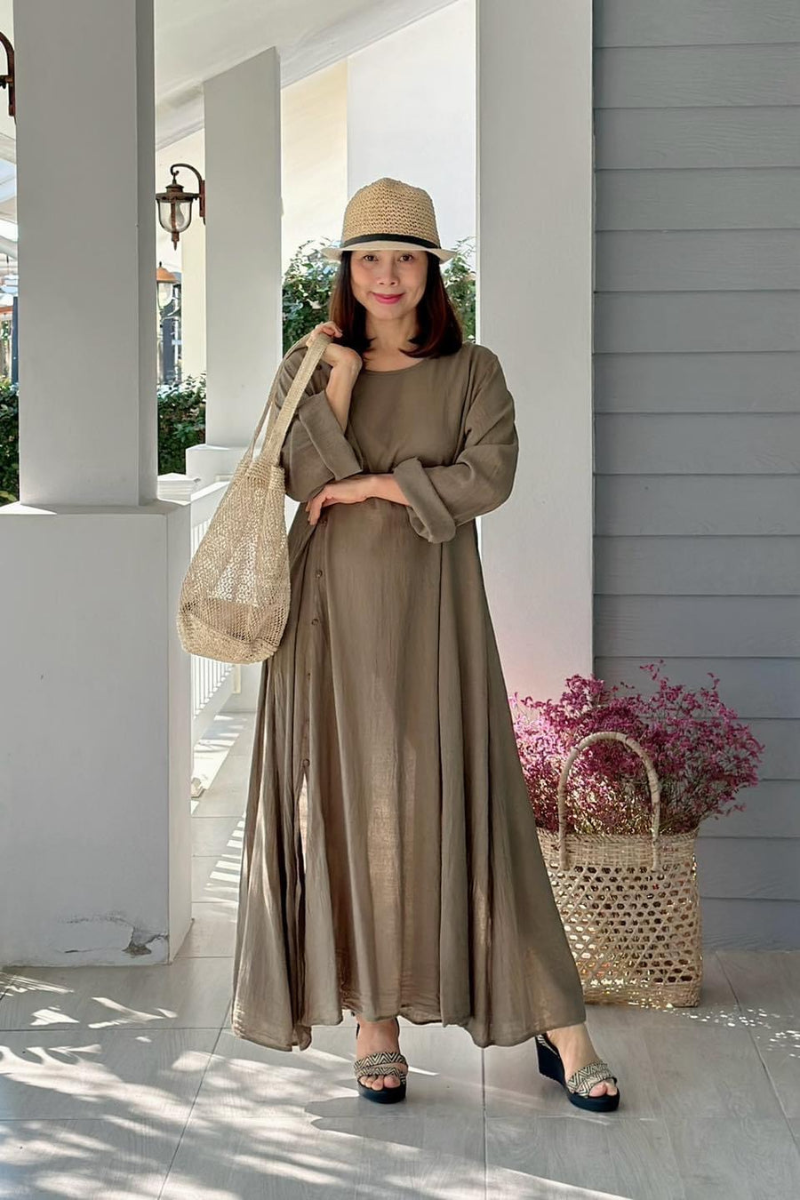 Brown Raw Natural Crinkled Cotton Dress