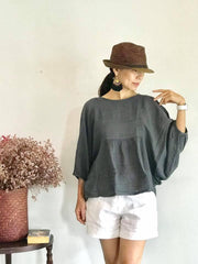 Gray Raw Natural Cotton Gauze Blouse