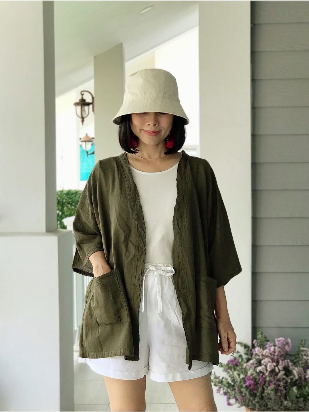 Olive Green Raw Natural Cotton Gauze Cardigan with Pockets Cover Up Top