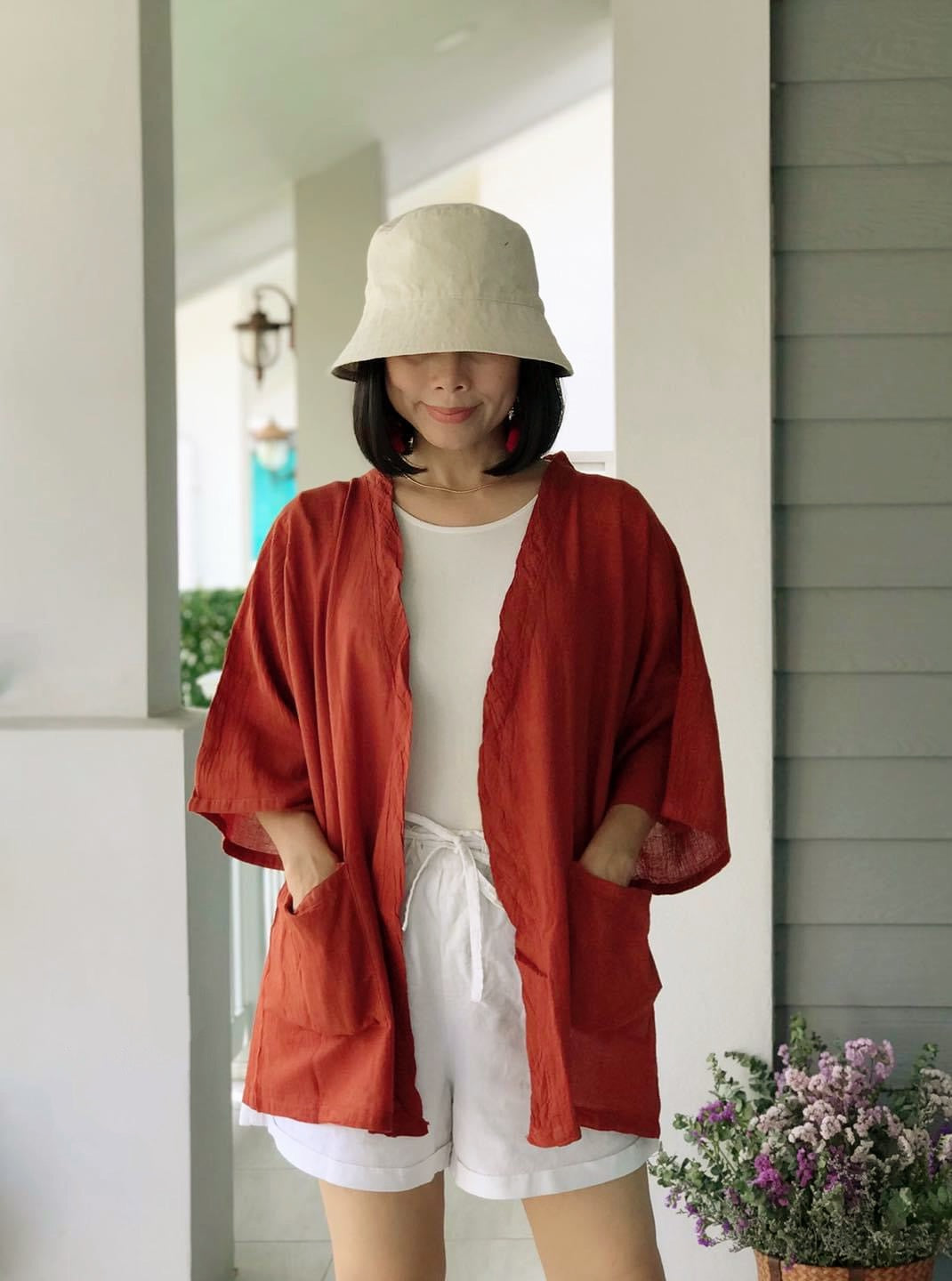 Rust Raw Natural Cotton Gauze Cardigan with Pockets Cover Up Top