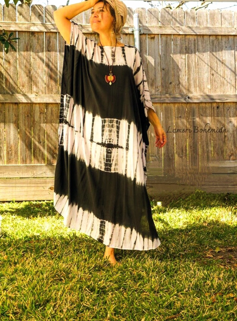 Black and White Striped Hand Dyed Kaftan