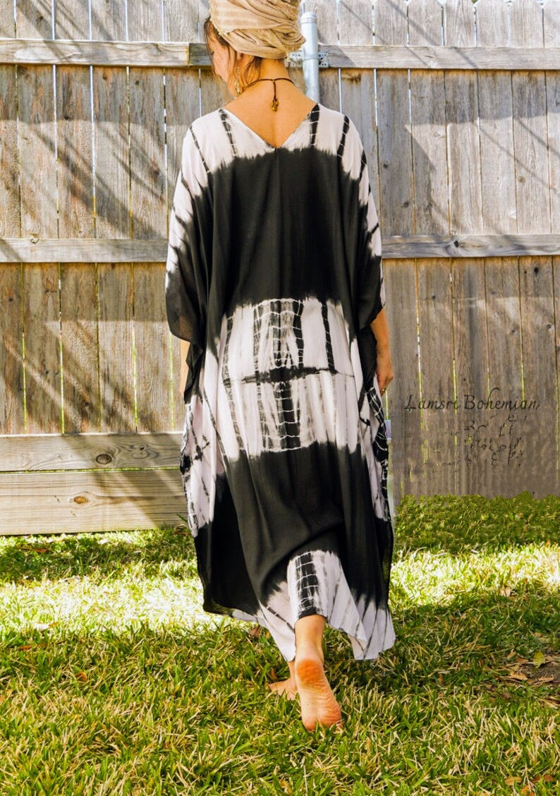 Black and White Striped Hand Dyed Kaftan