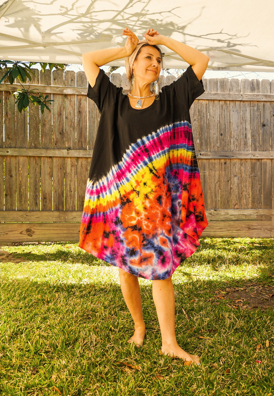 Orange and Pink Splash Hand Dyed Hippie Dress