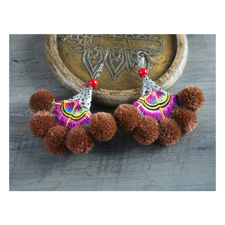 Boho Cocoa Pom Embroidered Earrings