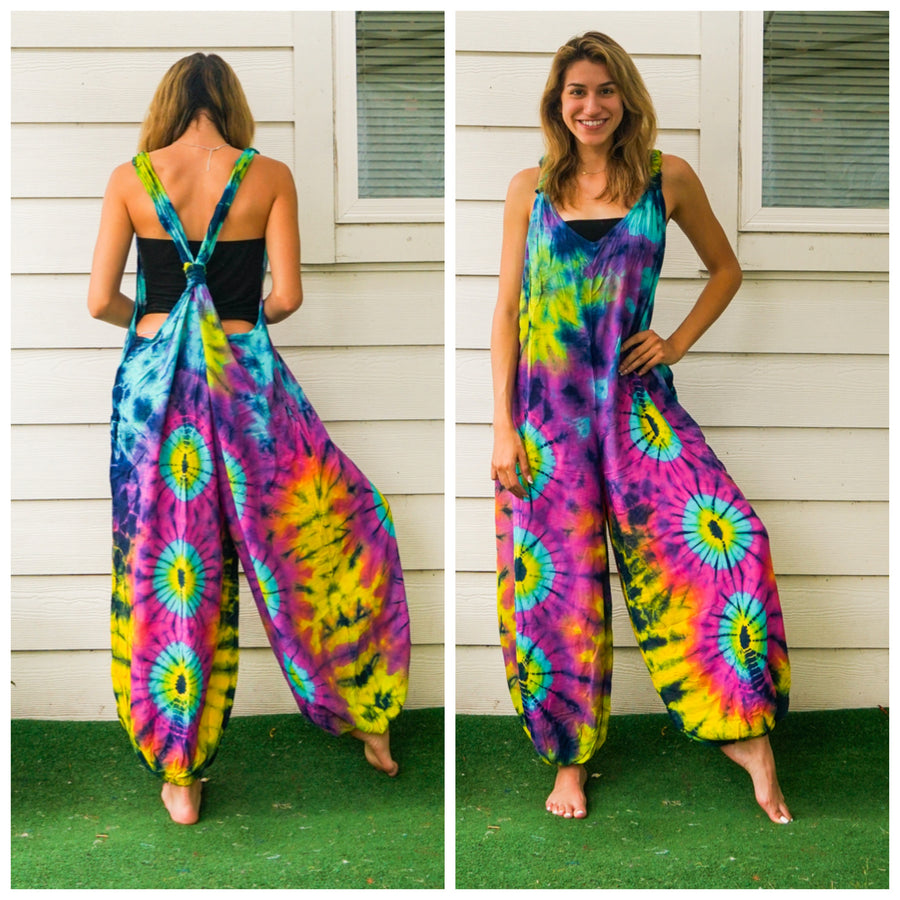 Yellow Eye Hand Dyed  Hippie Racerback Dungarees Jumpsuit Romper