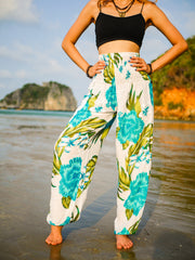 Teal White Hibiscus Floral Harem Pants