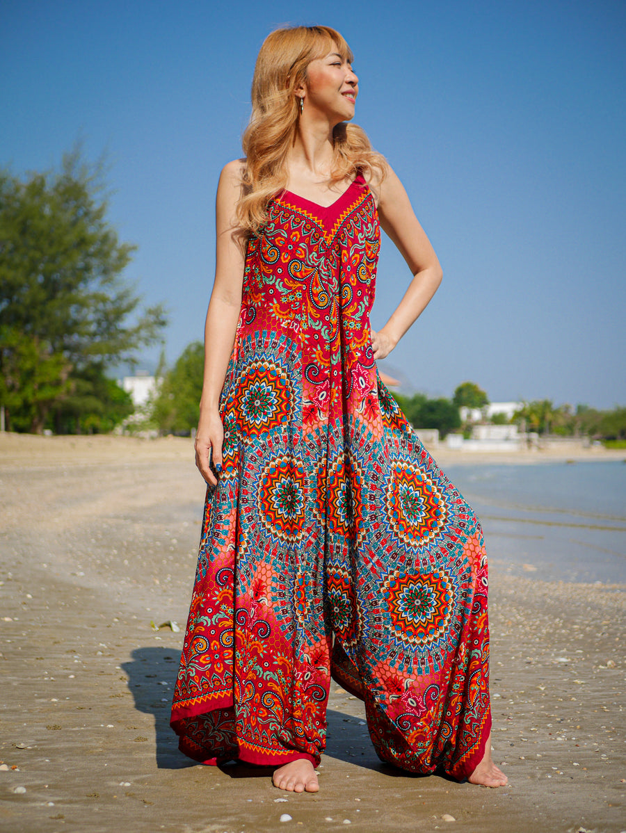 Red Psychedelic Mandala Boho Jumpsuit