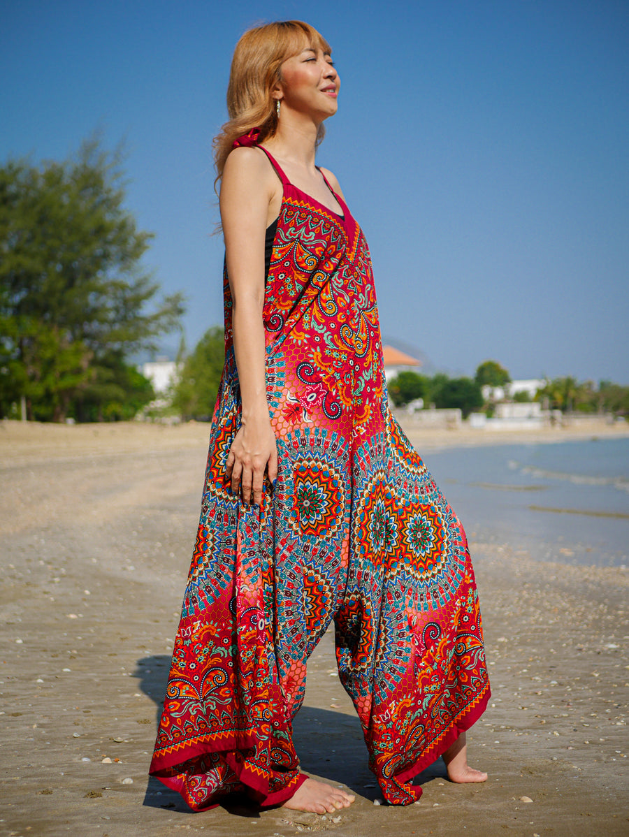 Red Psychedelic Mandala Boho Jumpsuit