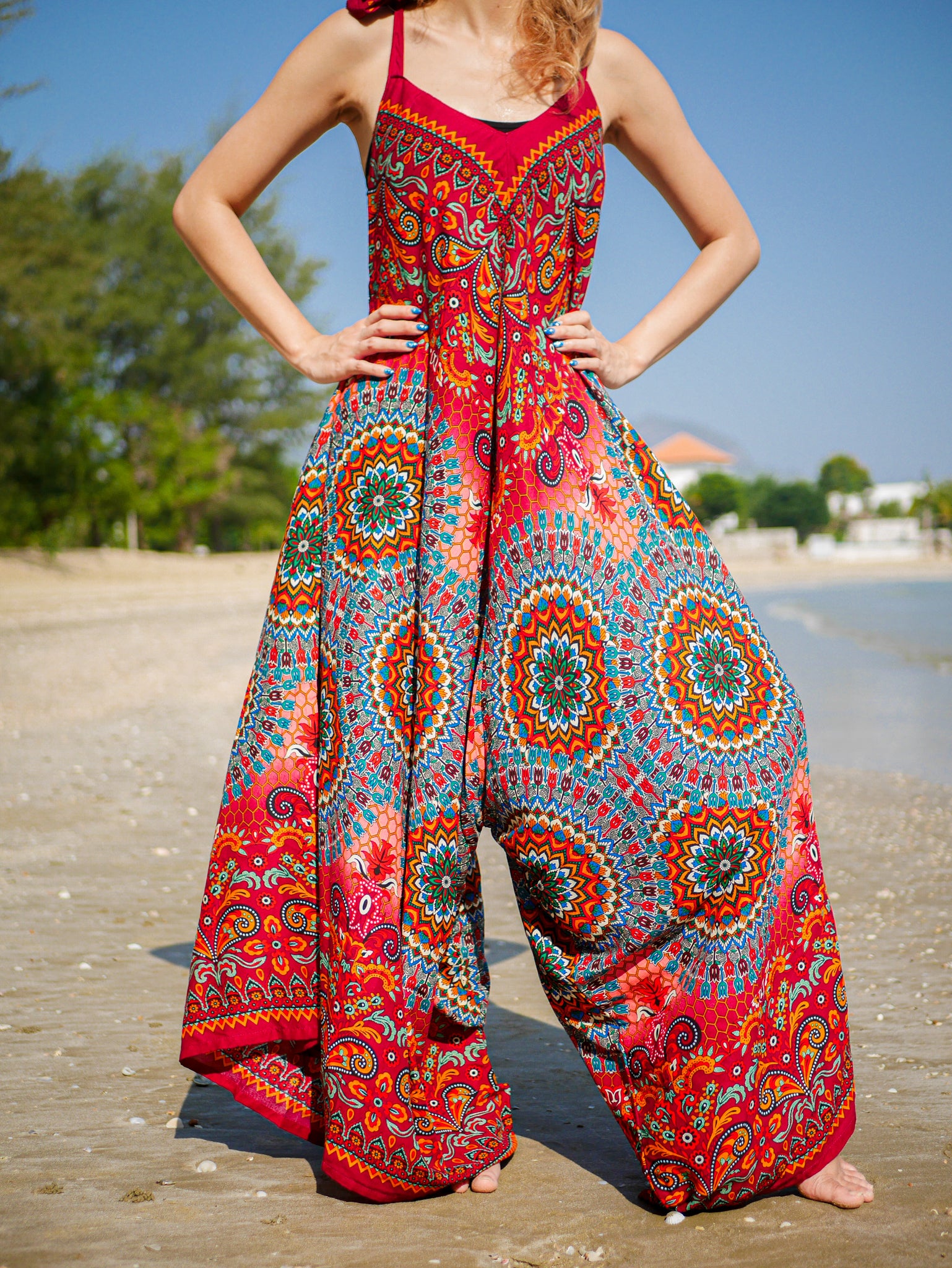 Red Psychedelic Mandala Boho Jumpsuit Lamsri Bohemian