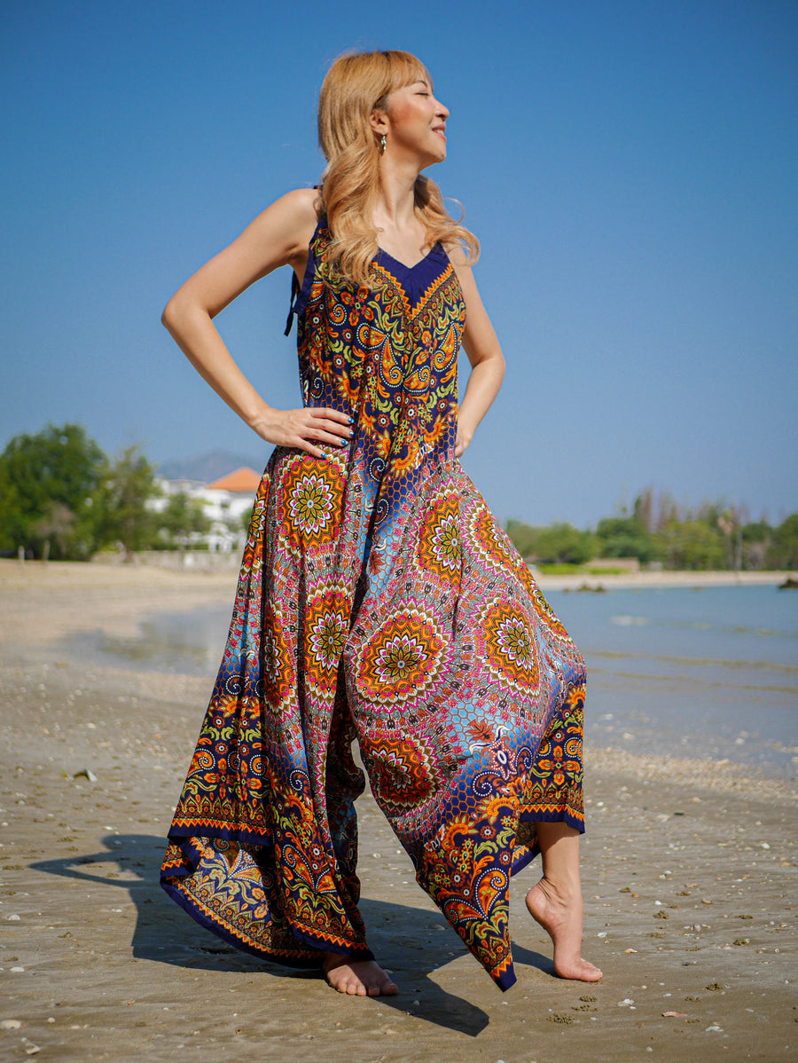 Black Orange Paisley Mandala Boho Jumpsuit