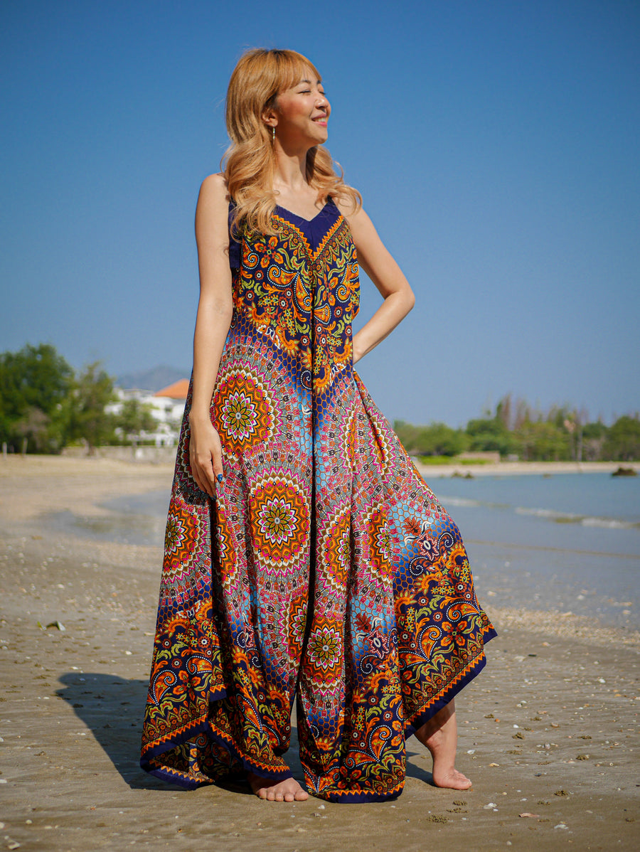 Black Orange Paisley Mandala Boho Jumpsuit