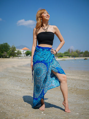 Turquoise Blue Floral Mandala Boho Wrap Skirt