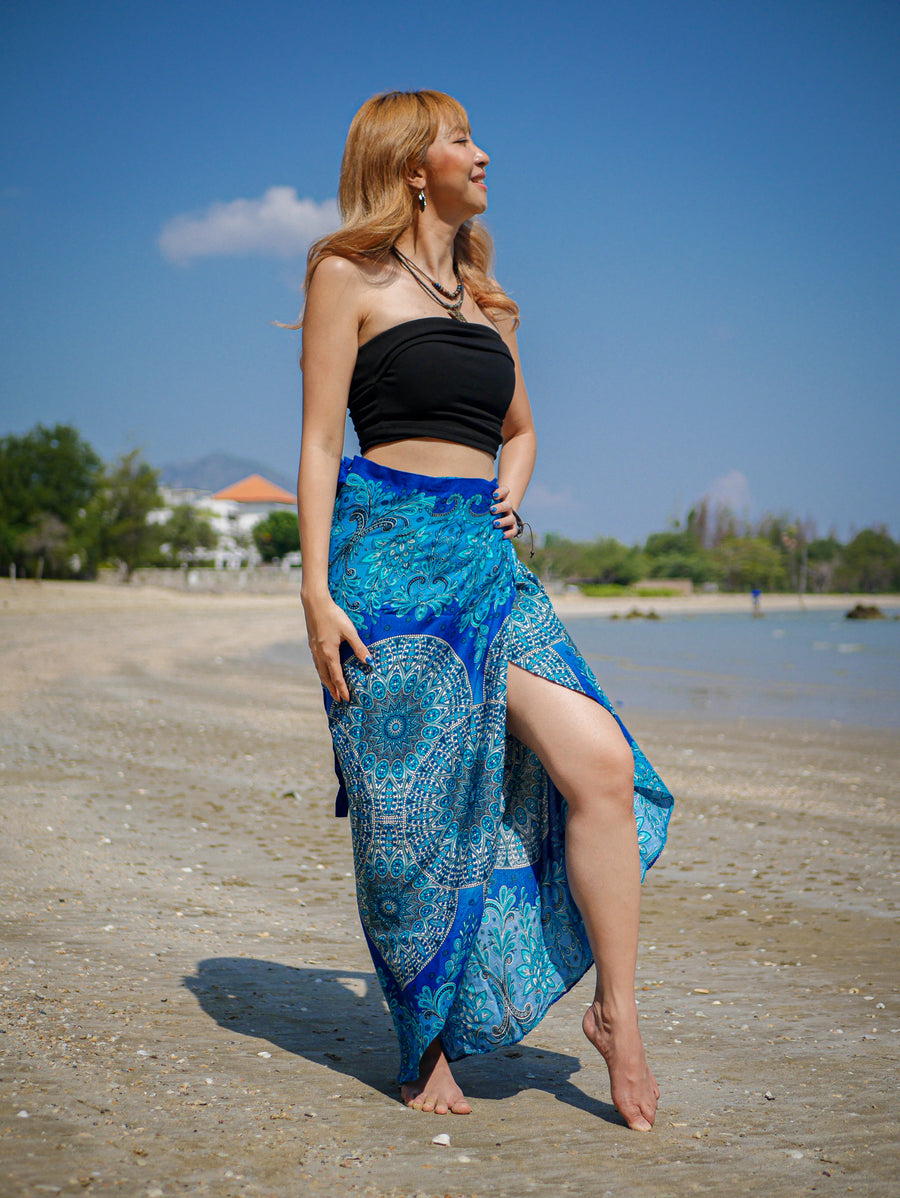 Turquoise Blue Floral Mandala Boho Wrap Skirt
