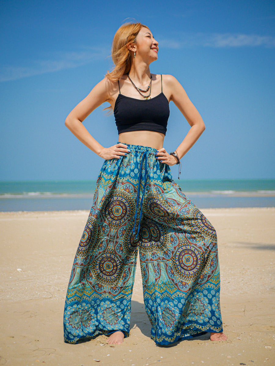 Muted Teal Mandala Wide Leg Palazzo Pants