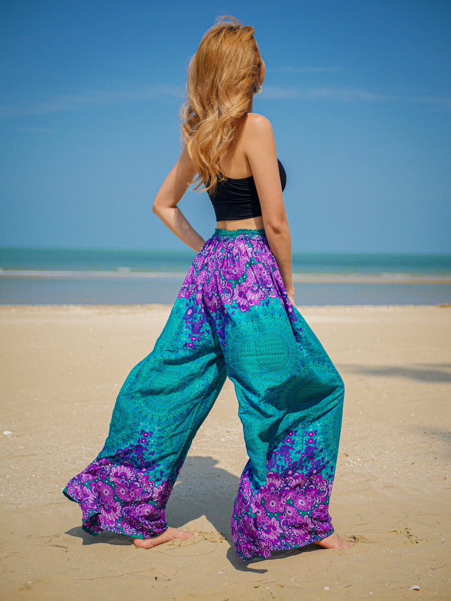 Teal Mandala Wide Leg Palazzo Pants